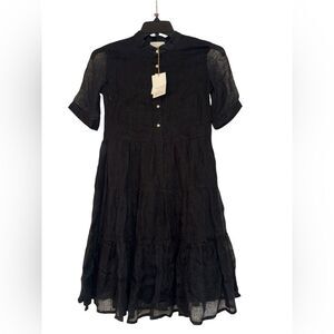 NWT BECASA 100% Linen Black Dress With Tiered mini short sleeve dress sz small